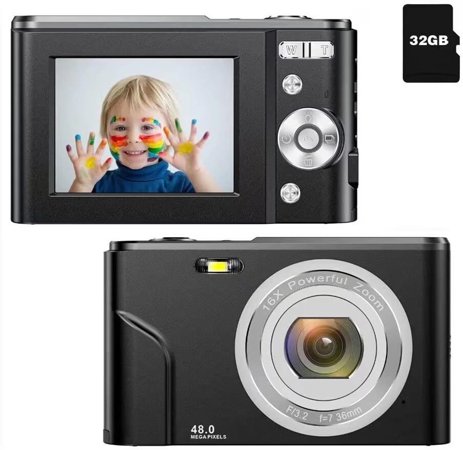 INF Digitalkamera 48MP 16x Zoom, HD-Display, 2.4" IPS-Bildschirm, 32GB Speicherkarte Schwarz