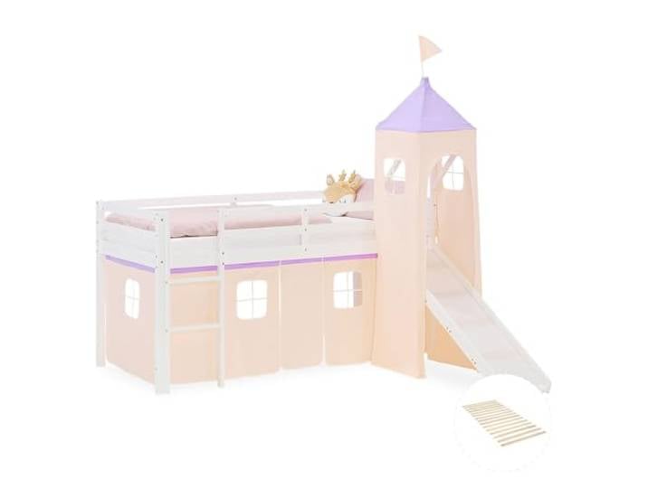 Homestyle4u Hochbett 90x200 mit Rutsche, Massivholz Kinderbett Weiß Spielbett aus Kiefer inkl. Lattenrost, Turm und Vorhang in Beige Lila, Sicherheitsnorm EN 747-1/2, Baumwollstoff