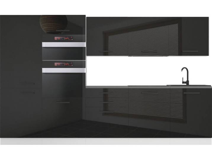 Belini Cuisine bloc Grace - Meubles de cuisine 300 cm Cuisine équipée sans électroménager avec meubles hauts et bas\, avec plans de travail\, noir brillant