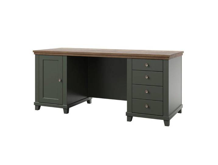 Bureau ASSIA 180 cm vert foncé et bois - Tiroirs niches et rangement - Élégance intemporelle