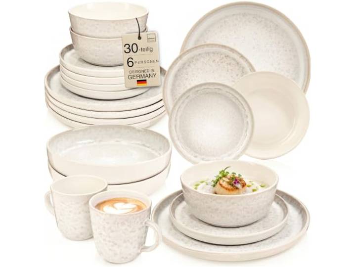 SÄNGER Key West Steingut Geschirrset 6 Personen, Teller Set 30-tlg Creme