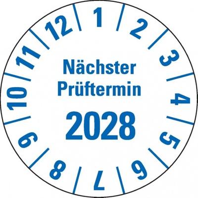 Dreifke® Prüfplakette Nä.Prüftermin 2028, weiß, Hochleistungsfolie, Oberflächensch., Ø25mm, 21 Stk.