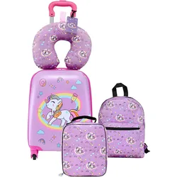 VEVOR 5 tlg. Kinderkoffer Set, 457,2 mm, Hartschalenkoffer mit Kindertrolley, Rucksack, Nackenkissen, Lunchbox & Kofferanhänge, Kofferset fürJungen & Mädchen, praktisch für Reisen Fliegen (Einhorn)