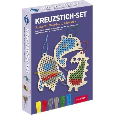 PEBARO STICK2 - Kreuzstich-Set: Rakete, Delfin, Monster mit Garn und Nadel