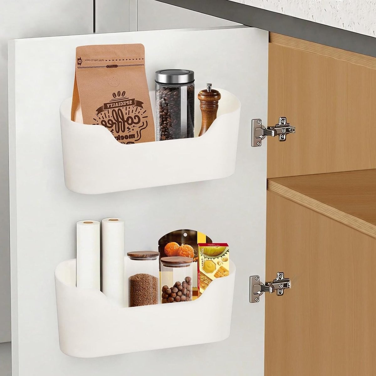 Wandgemonteerde organizer voor keuken- en badkamerkasten en kledingkasten in wit