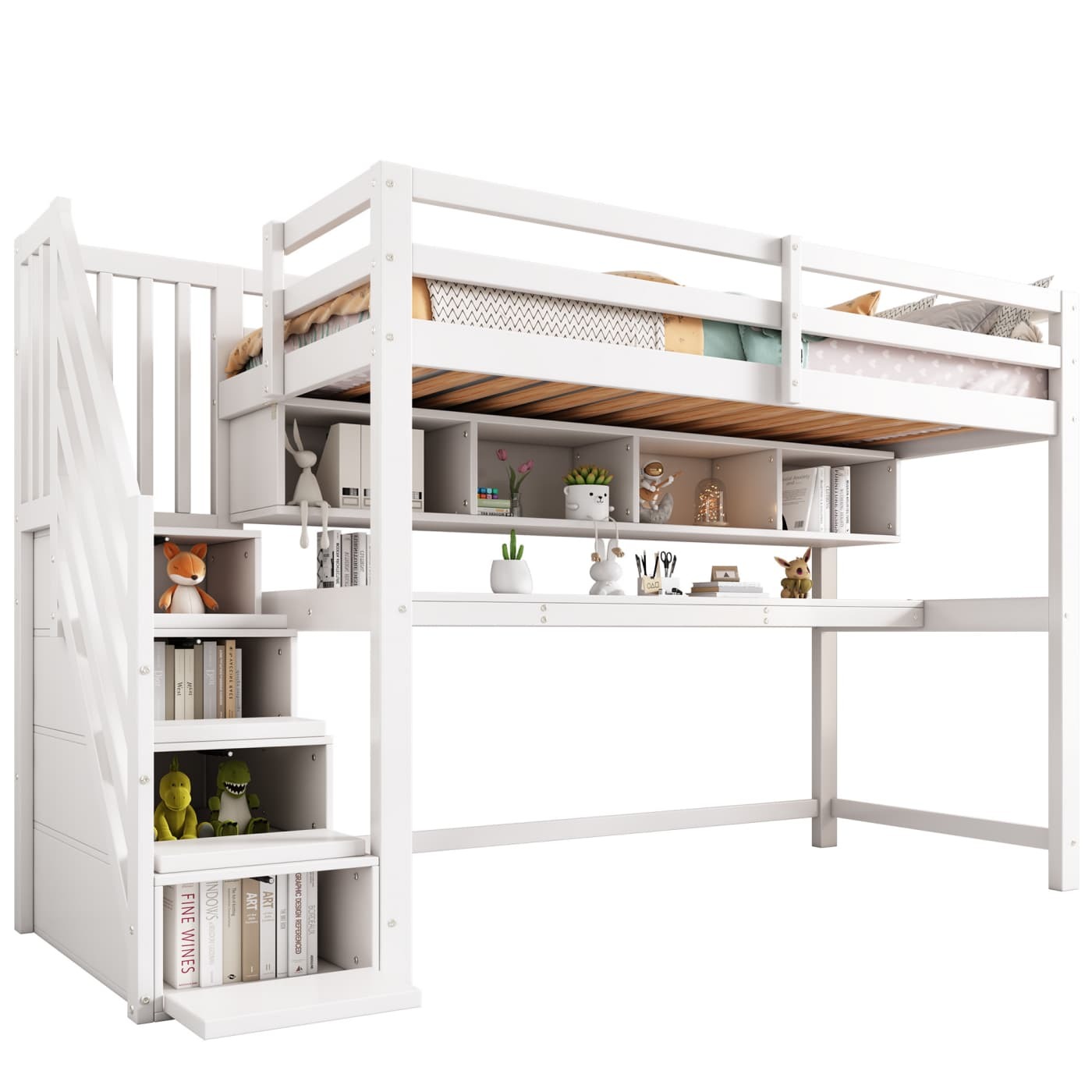 Kinderhochbett mit Stauraumtreppe 90*200cm, Massivholz+MDF, Etagenbett, Kinderbett mit großen Schreibtisch und Regalen, Umweltfreundliche Farben