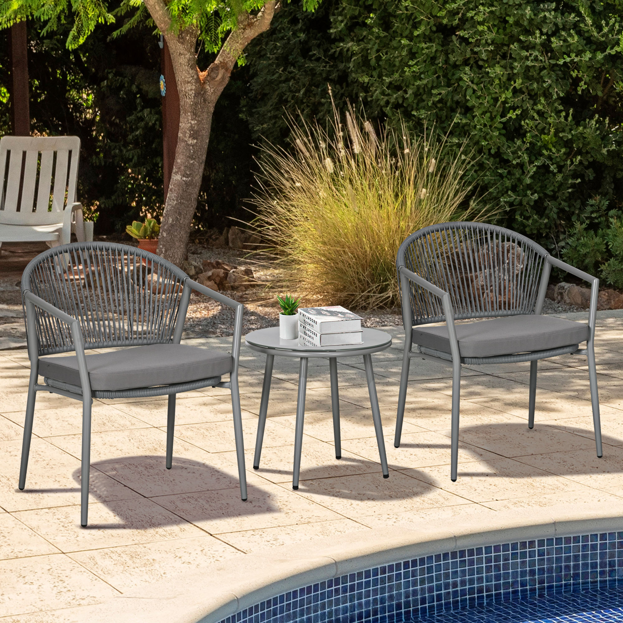 Outsunny Set da Giardino con 2 Poltrone e Tavolino da Caffè in Rattan PE con Cuscini, Grigio Aosom