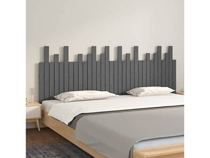 Graues Kopfteil 204x3x80 cm aus massivem Kiefernholz, Holzlatten in verschiedenen Längen, Wandmontage, Rückenstütze.