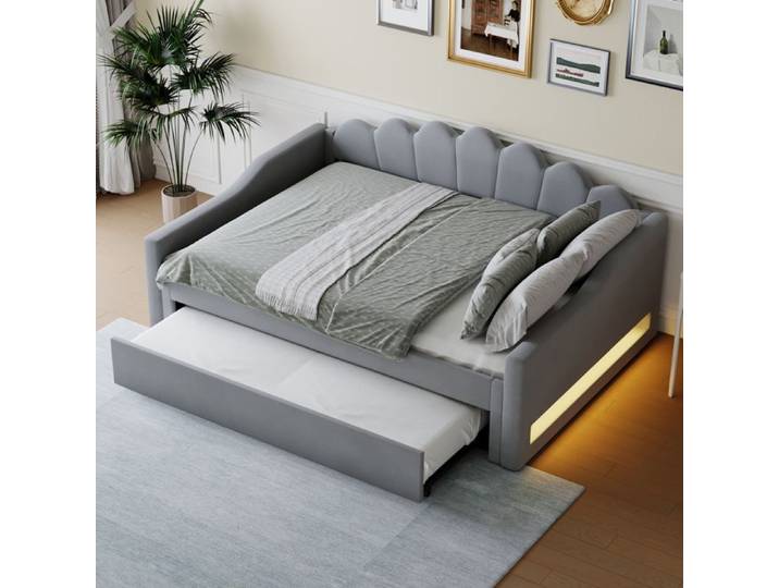 Lit Banquette Double 140×200 cm Gigogne LED Réglable - MEUNIQ - sans matelas tissu lin gris