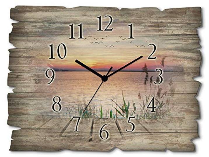 ARTLAND Wanddeko Wanduhr ohne Tickgeräusche aus Holz Funkuhr 40x30 cm Rechteckig Lautlos See Steg Landschaft Sonnenuntergang Sonne Ländlich T9QD