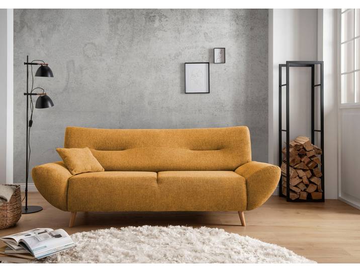 3-Sitzer HOME AFFAIRE Drago Wellenunterfederung, Breite 205cm, Holzfuss , gold, B:205cm H:81cm T:90cm, 100% Polyester, Sofas, 3-Sitzer, frei im Raum stellbar, inkl. 1 Zierkissen