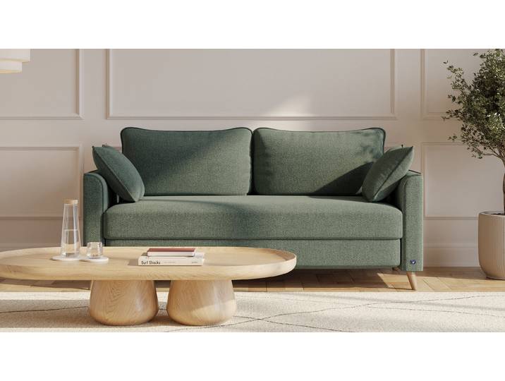 BRUNO Schlafsofa 160cm in Dunkel Waldgrün Flow stabiles Massivholz & Boxspringkomfort