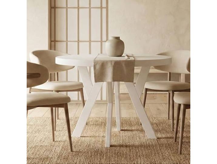 Dekori Möbel Runder Ausziehbarer Tisch für Esszimmer mit Holzbeinen, Pero, Loft-Stil, Skandinavische, Durchmesser Varianten: von 90 bis 220 cm (Weiß, 90/190 cm)