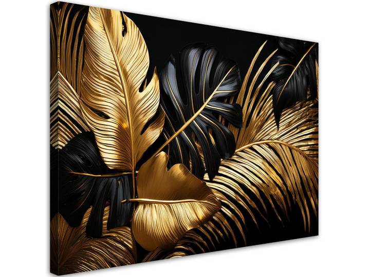 Feeby Leinwandbild Goldblatt auf schwarzem Hintergrund 120x80cm, Goldfarben, Rechteckig, 120x80 cm, Bilder & Rahmen, Bilder, Leinwandbilder