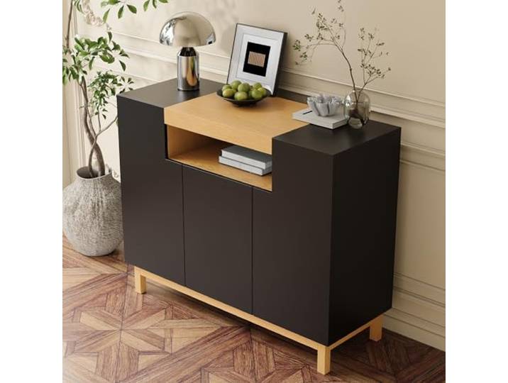Merax Sideboard modern 120,5x42x96cm, mit 3 Türen, offenes Regal, Wohn- & Esszimmer, minimalistischer Stil, kompakter Stauraum, Schwarz