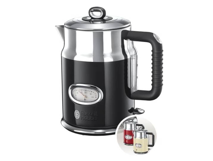 Russell Hobbs Bouilloire Electrique (Design Vintage Premium) Retro Noire (1\,7L\, 2400W\, Ebullition Rapide\, Jauge Température Rétro\,Marqueurs 1-2-3 tasses\,Ecoulement\,Couvercle Amovible) 21671-70