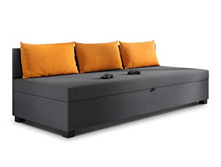 Sofnet - Schlafsofa Misti III mit Kissen (Graphit + Orange, Lux 06 + 09) Einzelbett, Sofa mit Bettkasten, Bettsofa, Komfortbett, Bettgestell, Jugendzimmer, Schlafmöbel, Strukturstoff