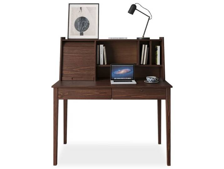 Bureau Secrétaire ALISA en Bois Massif avec 2 Tiroirs 1 Volet 4 Niches 114 x 122 x 54 cm Couleur Noyer
