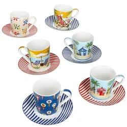 Atmosphere 6er Set Espressotassen 80ml mit Untertassen Stranddekor Sommer