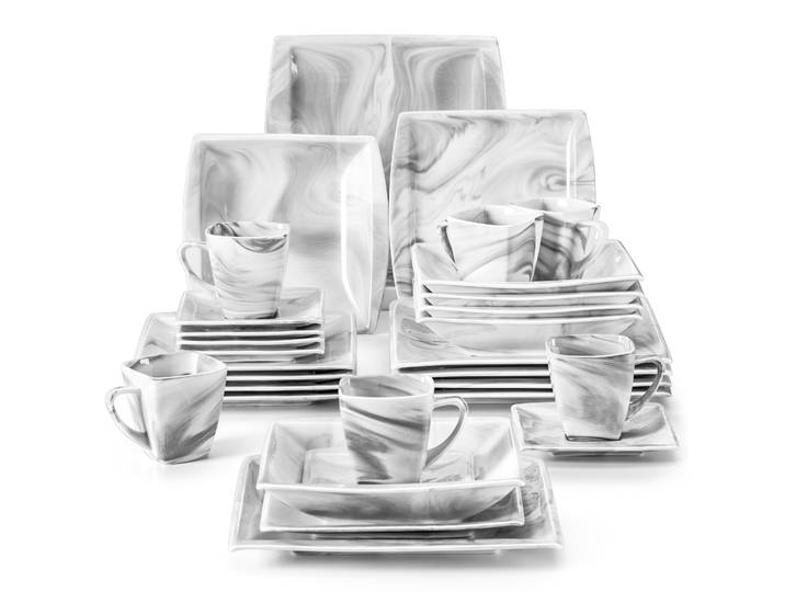 MALACASA .co.jp-Service de Vaisselle en Porcelaine Grise Marbré, avec 6 Assiettes à Dessert, à Soupe, à Queue, à Tasse, S/05, Service pour 12, 30/60 Pièces