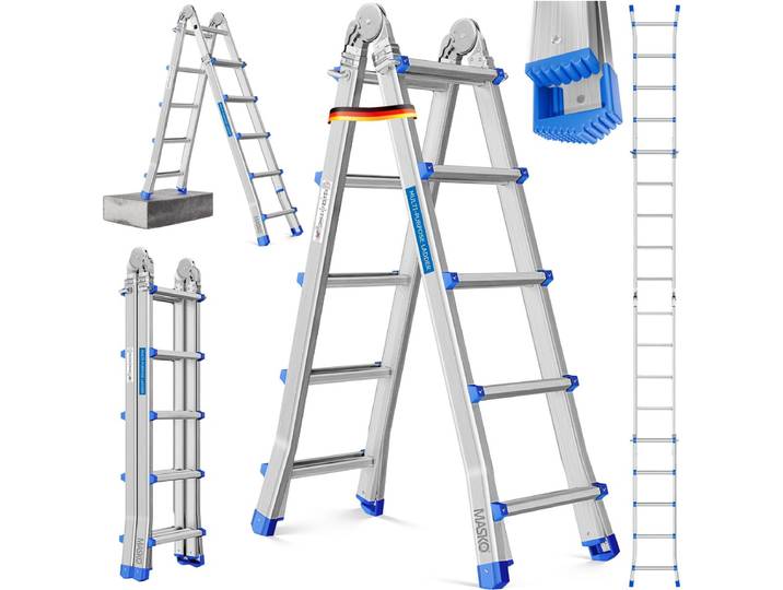 MASKO® telescopische ladder aluminium multifunctionele ladder 5\,10m 4x5 sporten Werkladder\, vouwladder\, enkele ladder\, dubbelzijdige trapladder - Zilver / Blauw