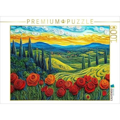 CALVENDO Puzzle Quilling Papierkunst Toskana Landschaft mit Zypressen Getreidefeldern und Mohnblumen | 1000 Teile Lege-Größe 64x48cm Foto-Puzzle für