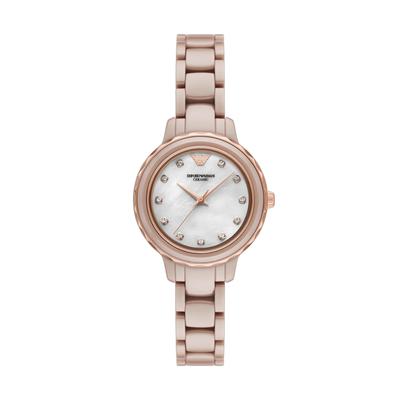 Quarzuhr EMPORIO ARMANI, beige (natur), Armbanduhren, Damen, Quarzuhr, Armbanduhr, Damenuhr, Keramik, analog, Glassteine