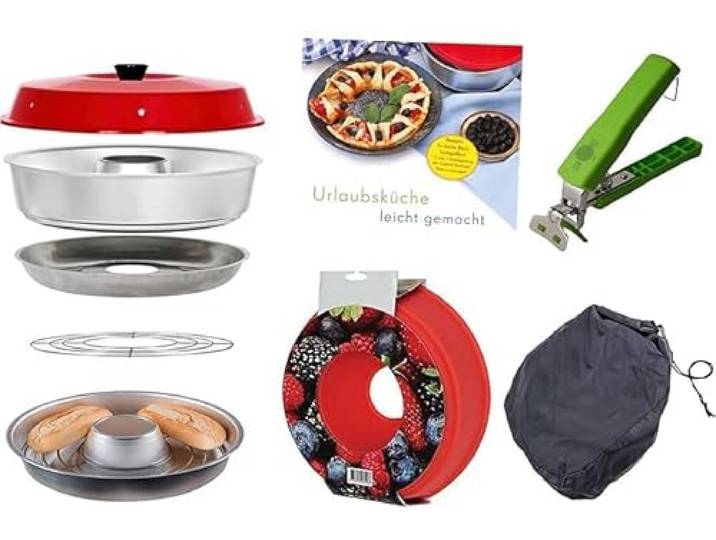 8-teiliges Spar-Set Camping Backofen Backofen + Kochbuch Urlaubsküche + Aufbackgitter+ Silikonform + Tasche + Sun and Ice Haltegriff passend für Omnia