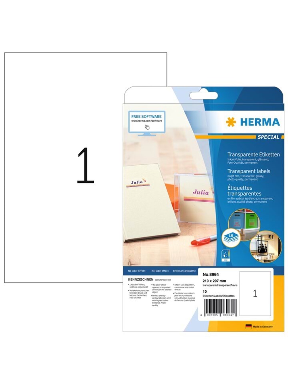HERMA Transparente Inkjet-Folien-Etiketten A4, 210 x 297 mm, glänzend, permanent haftend