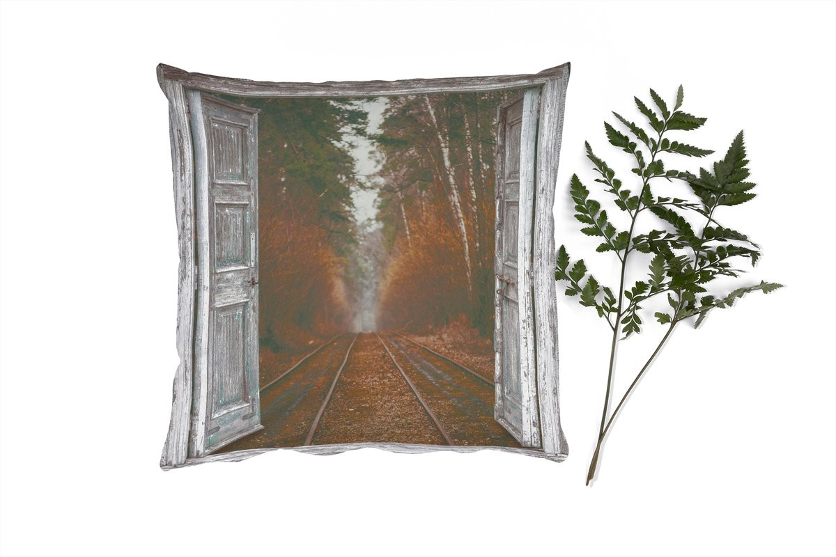 PillowMonkey Sierkussen Herfst Treinrails Bos Doorkijk 45 x 45 cm