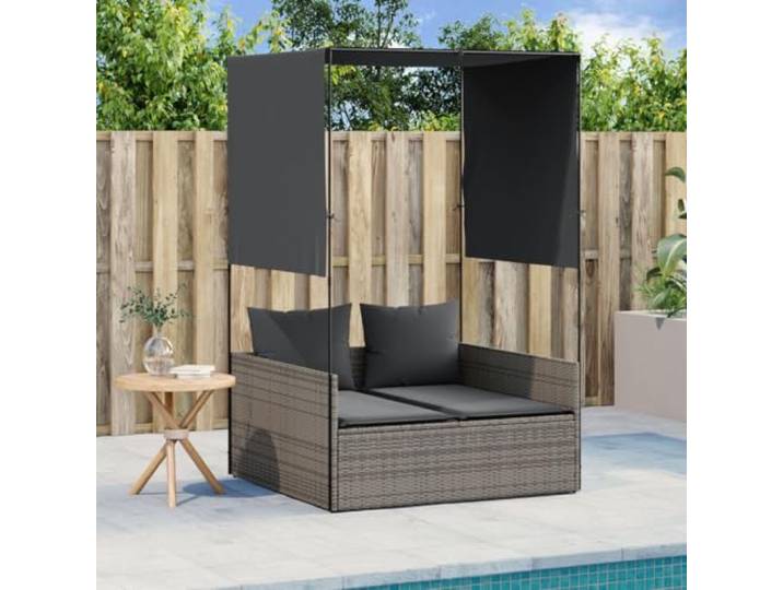 HFUDPOF Doppelliege mit Dach und Vorhängen Grau Poly Rattan mit Kissen Abnehmbarer Kissenbezug, waschbar, PE-Rattan, pflegeleicht, witterungsbeständig, grau