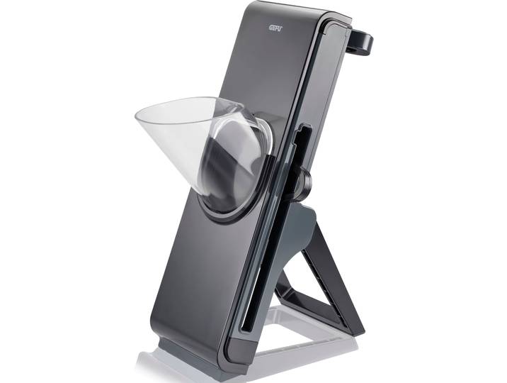 Gemüsehobel GEFU Stando , schwarz (schwarz, anthrazit), B:12cm L:26,6cm T:22cm, Kunststoff, Stahl, Küchenreiben, Gemüsehobel, ausklappbarer, rutschfester Standfuss