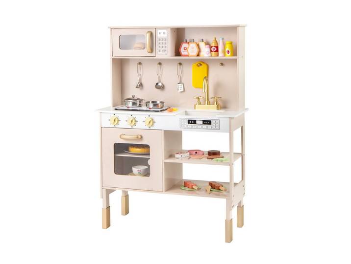 COSTWAY Spielküche Holz, Höhenverstellbar inkl. Kochzubehör mit Licht & Sound