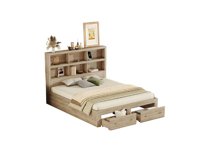 Rutaqian Daybett 160*200cm Doppelbett, Massivholz, Kopfteil mit Stauraum