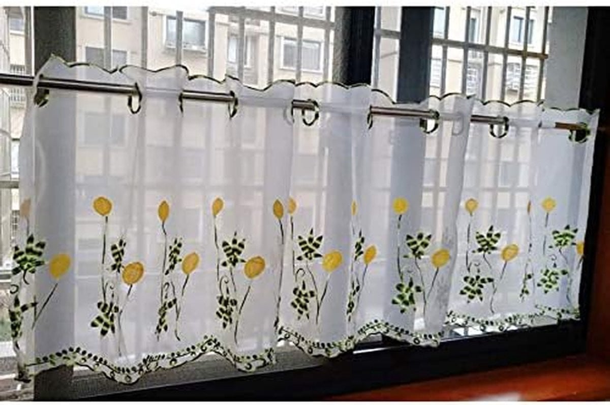 Wit kort vitrage raamgordijn met borduurwerk voor keuken decoratie, 140 x 60 cm
