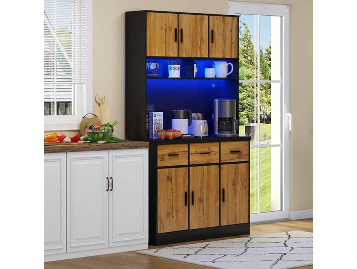 Buffet Buffet de Cuisine Moderne avec LED et Éclairage RGB Buffet Haut Multifonction avec Rangement 3 Tiroirs Noir et Naturel