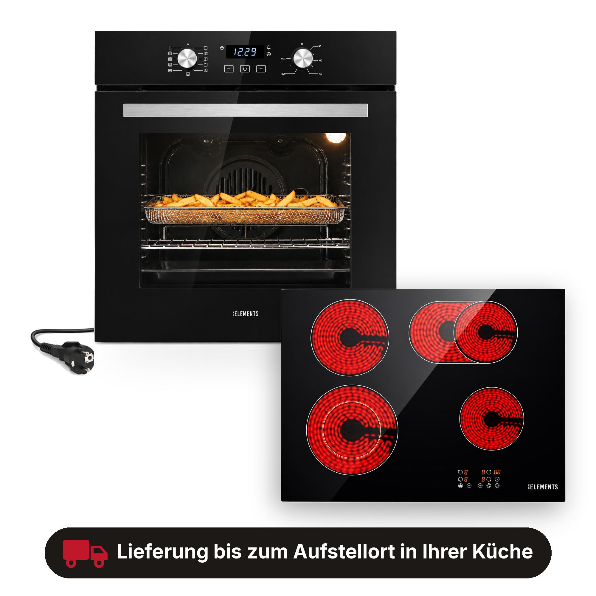 KB ELEMENTS Herdset Autark Glaskeramikkochfeld mit Flexzone + Einbaubackofen 60 cm, Air Fry, Steam Clean, Heißluft, A+