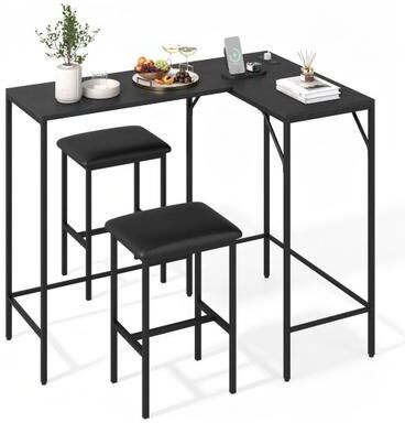 Costway 3-Piece Convertible L-Shaped Kitchen Table Chair Set with 2 AC Outlets USB Port and Type-C Port-Black