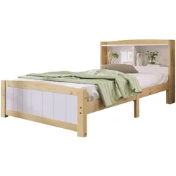 OKWISH Massivholz Bett 90x200 mit Stauraum Kopfteil Bücherregal Ablage Lattenrost stabiles Kiefernholz Einzelbett platzsparend Weiß