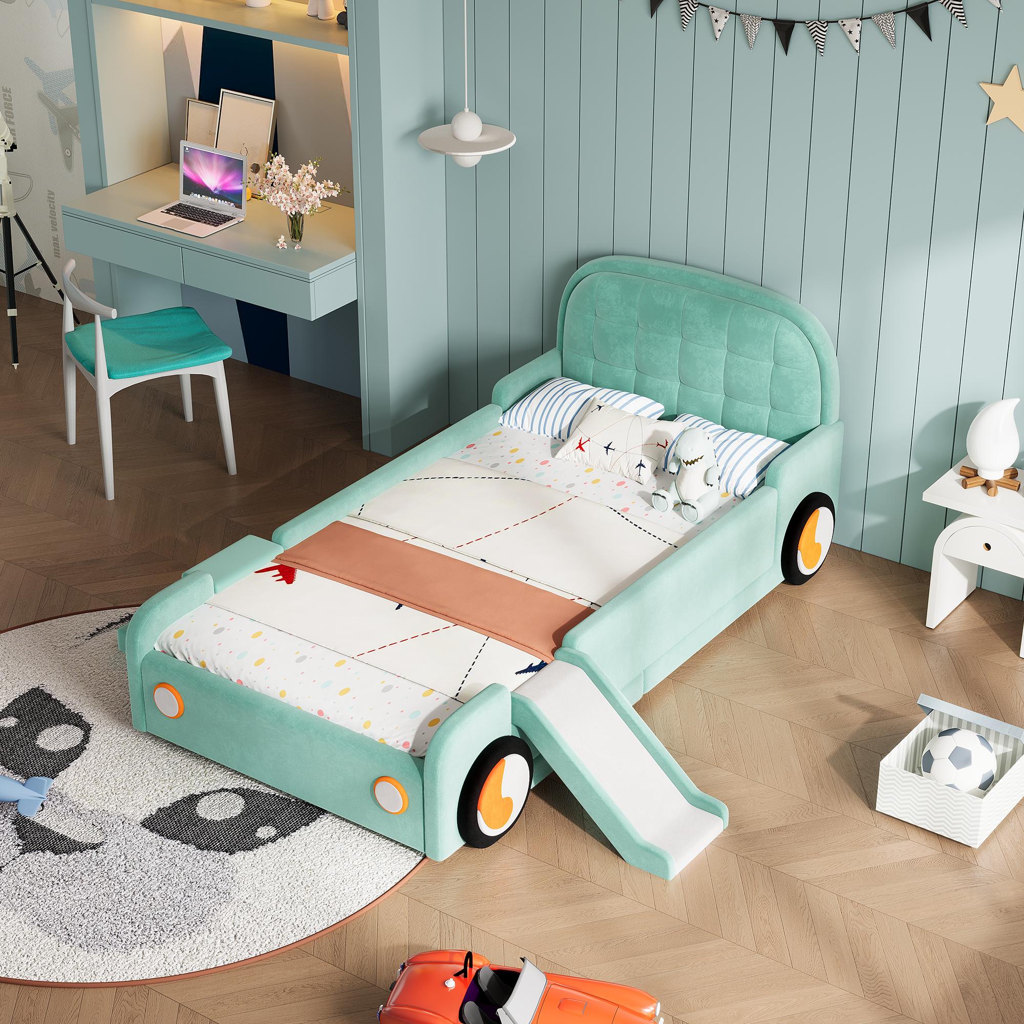 Kinderbett 90x200cm im Auto-Design mit Rutsche und Treppe, gepolstertes Spielbett in Blaugrün mit Fallschutz für das Kinderzimmer