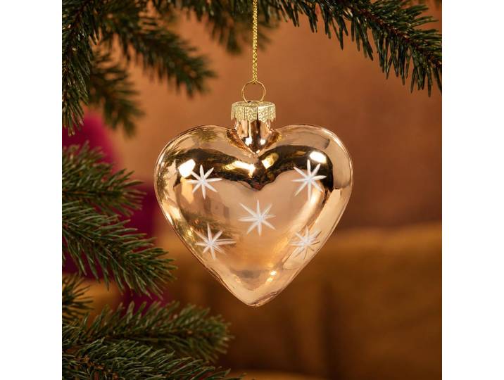 Weihnachtsschmuck mit herzförmigem Ornament aus Goldglas mit Sternmotiven