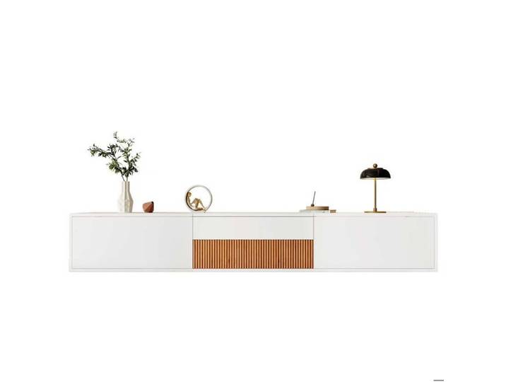 Meuble TV 180 cm blanc et bois plateau coulissant réglable rangement meuble pour vidéoprojecteur