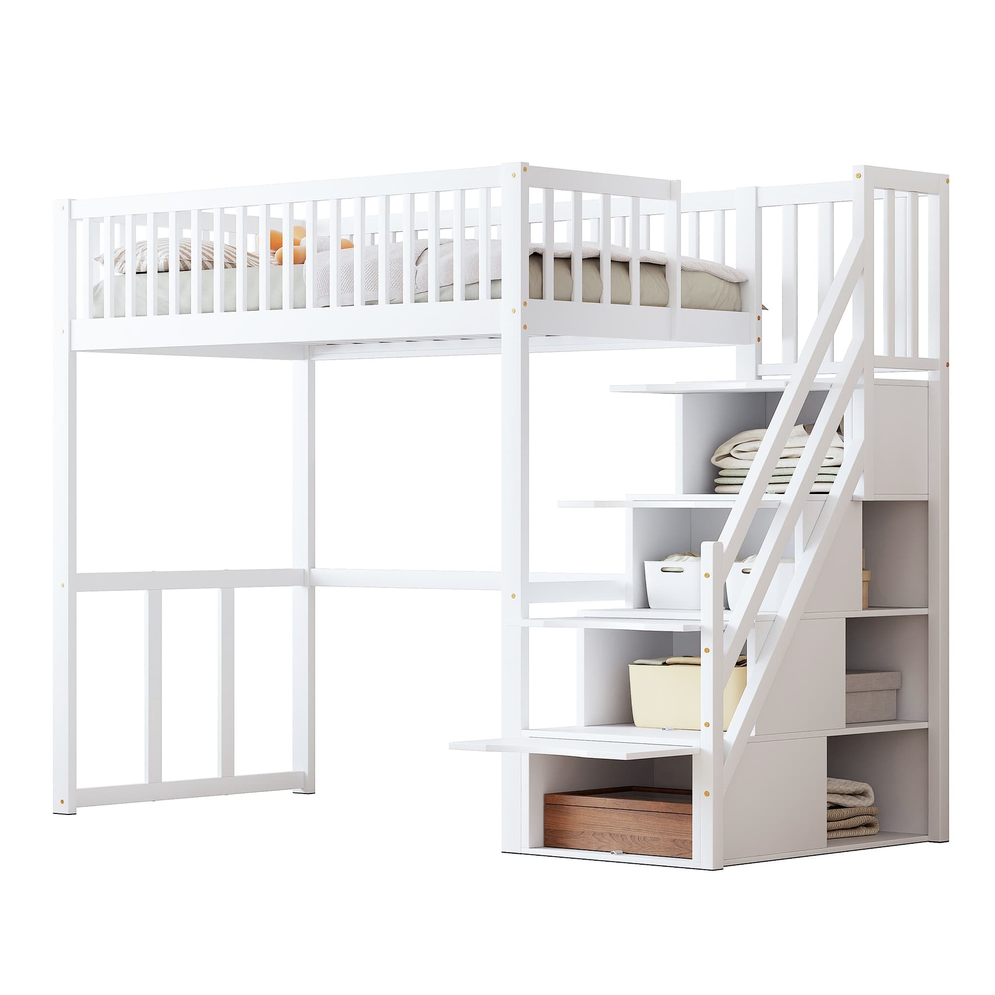 Hochbett,Kinderbett(Weiss)Holzbett,mit Sicherheits-Aufbewahrungsleiter,Bettgestell aus massivem Kiefernholz für Kinder und Jugendliche