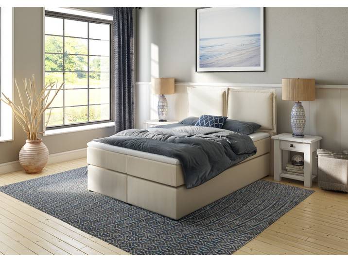 Boxspringbett HOME AFFAIRE Lysann , beige, B:147cm L:215cm, Komplettbetten, Boxspringbett, 5fach verstellbares Kopfteil, in 4 Breiten, 3 Matratzenarten