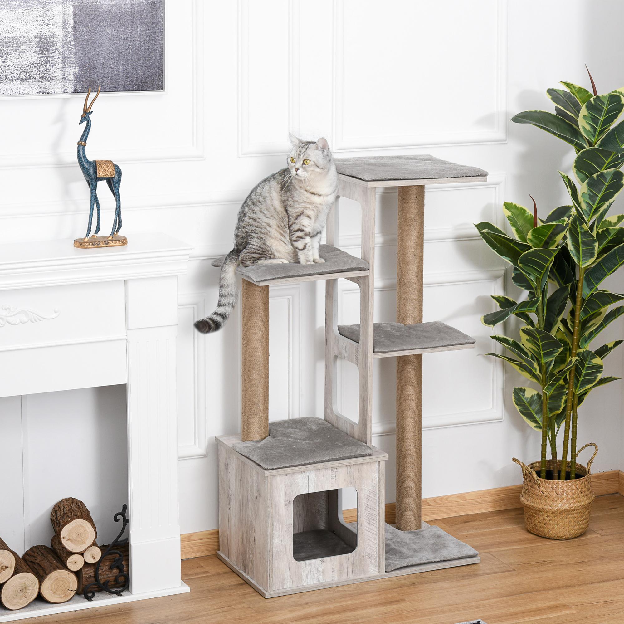 Pawhut Tiragraffi per Gatti Albero Tiragraffi Multi-livello con Cuccia e Corde in Iuta, 114 cm Grigio Aosom