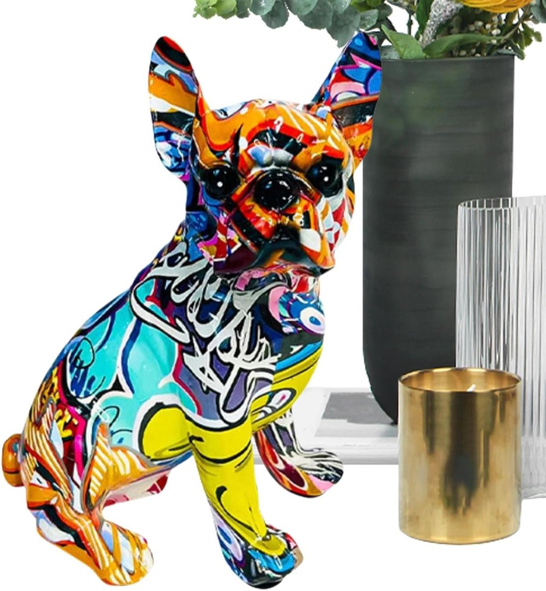 Bulldog Beeld met Graffiti Design - Gekleurde Honden Decoratie - Lengte: 23 cm