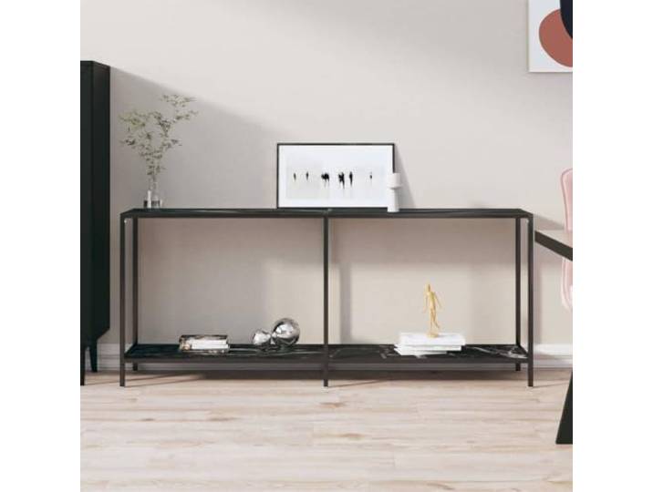 HEFZGDB Konsolentisch Schwarz 180x35x75,5 cm Hartglas mit Stahlgestell und unterer Ablage, robuster Flurtisch, einfache Reinigung, moderner Ablagetisch für stilvollen Wohnraum