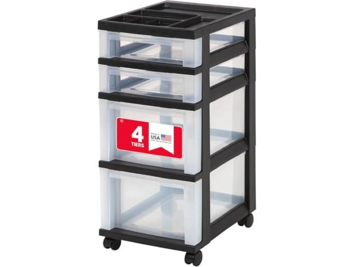Iris USA Kunststoff-Schubladenaufbewahrung, Organizer, Rollwagen, mit Rollen, 4 Schubladen, für Klassenzimmer, Kunsthandwerk, Kommode, Schrank, Badezimmer, Waschküche, schwarz/transparent