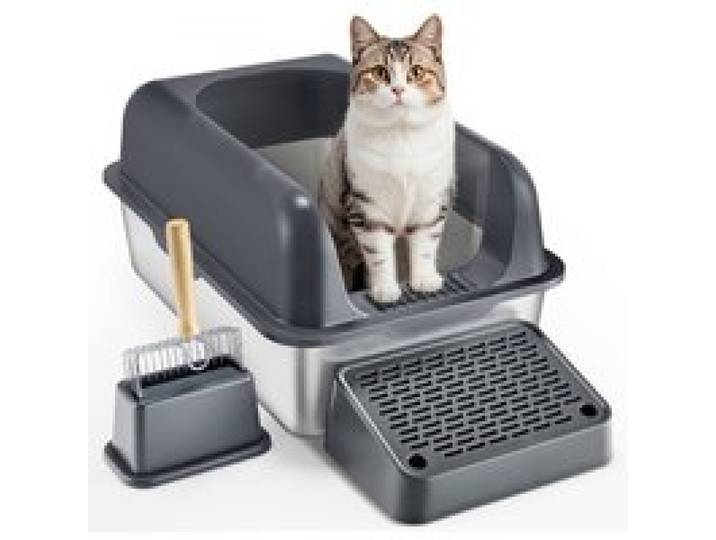VEVOR Katzentoilette, 152,4 mm tief, XL extragroßes Katzenklo aus Edelstahl mit Schaufel, breitem Filter-Fußteil und hohen Rand, geruchsfreie Schalentoilette für Katzen, 60 x 40 x 30 cm, Dunkelgrau
