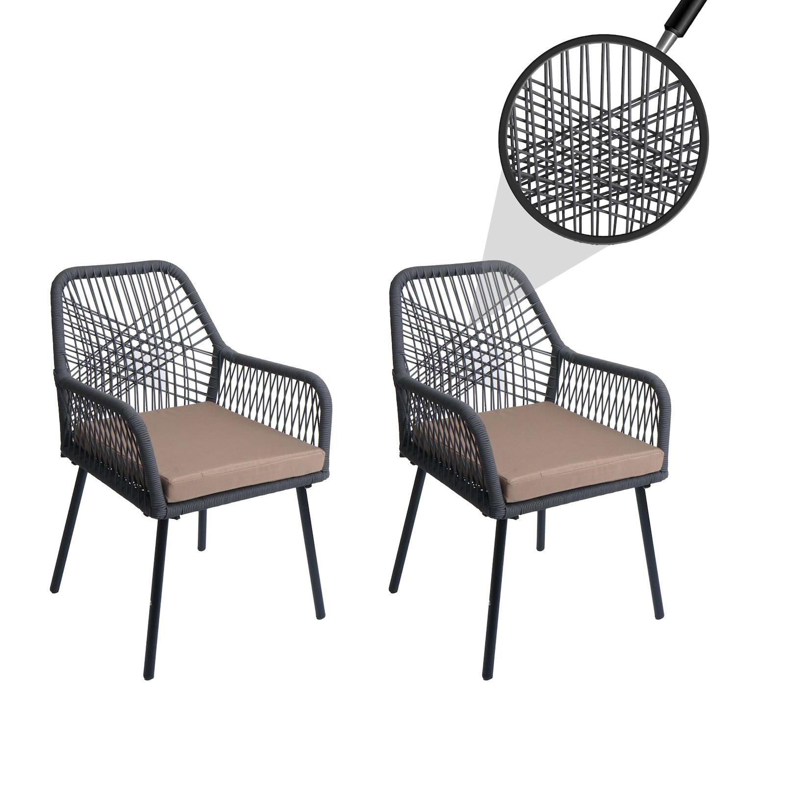 2er-Set Gartenstuhl MCW-O12, Outdoor Sitzpolster Aluminium Seilgeflecht Rope ~ anthrazit, Bezug taupe